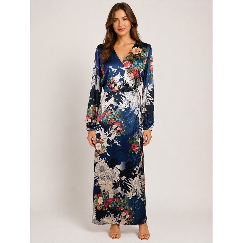 Lulus Navy Floral Long Sleeve Wrap Maxi Dress Romantic Wedding Guest L